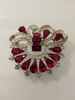 Rare Vintage Estate Art Deco Ruby Red Clear Rhinestones 2 1/2 " Brooch Signed