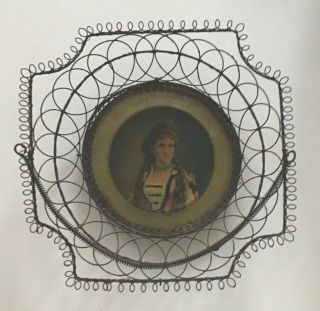 19th Century Victorian Wire Basket With Lithograph Portait