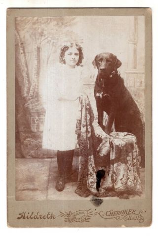 Antique Cabinet Photo Girl With A Large Black Dog Cherokee Kansas