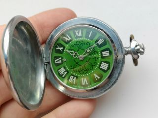 Rare Ussr Collectible Pocket Watch Molnija 3602 Bird Case Malachite Serviced