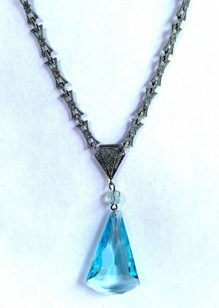 Antique Art Deco Rhodium - Blue Crystal Drop Necklace - 1920 