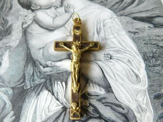 Antique French Rosewood & Brass Pectoral Crucifix Skull Cross Bones
