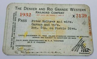 Antique Railroad Pass 1932 The Denver And Rio Grande Western Railroad Co.  Rr