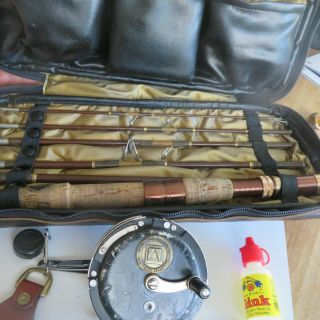 Fishing Rod Vintage 60s Bretton - Martin 1 - 666 Pack Rod & Reel & Leather Case