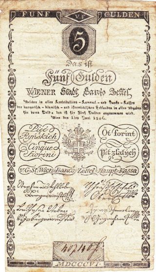 5 Gulden Vg Banknote From Austrian Empire/hungary 1806 Rare