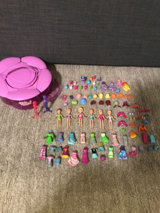 Polly Pocket—lot Of 6 Dolls,  30 Outfits,  Accessories And Carrying Case