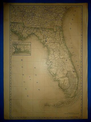 Vintage Circa 1876 Florida Map Early Old Antique Atlas Map