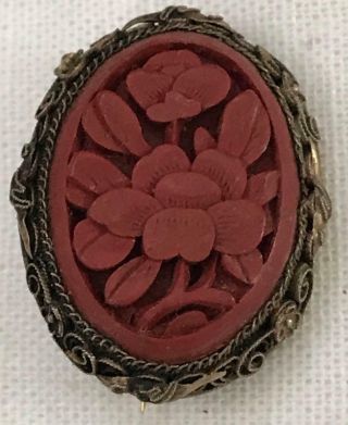 Antique Chinese Export Cinnabar Carved Flower Brooch/pin Filigree Frame