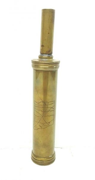 Antique Tubular Black Powder Flask Copper W/ Indiana Etching 7 "