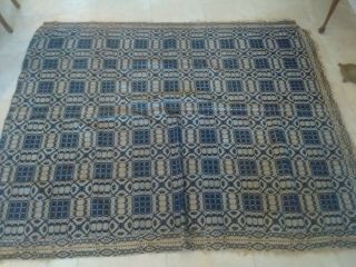 Antique Primitive Inidgo Blue Wool And White Overshot Coverlet 73 X 89 Inches