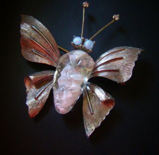 Very Rare Older Vintage Signed Hattie Carnegie Molded Glass Belly Butterfly Pin