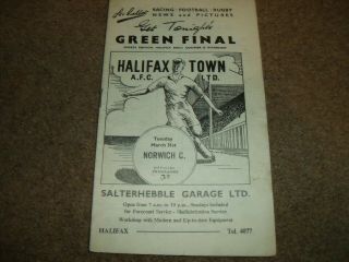 Rare Vintage Halifax Town V Norwich City 31st March 1959 1958/9