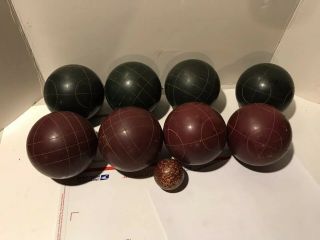 Vtg Antique Bocce Set 8 Etched Balls Red Green Sportscraft Pallino Lawn Bowling