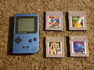 Nintendo Game Boy Pocket Ice Blue Very Rare W/4 Games And