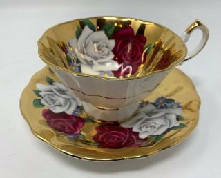 Queen Anne Bone China All Gold Floating Cabbage Rose Tea Cup & Saucer
