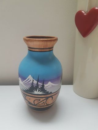 Vintage Brishtbo Navajo Pottery Vase Hand Painted Brown/blue Signed
