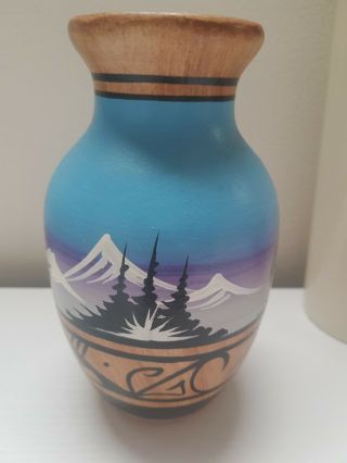 Vintage BRISHTBO NAVAJO Pottery Vase Hand Painted Brown/Blue Signed 2