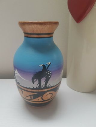Vintage BRISHTBO NAVAJO Pottery Vase Hand Painted Brown/Blue Signed 3