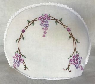 Antique Linen Tea Cosy,  Hand - Embroidered Wisteria,  Crochet