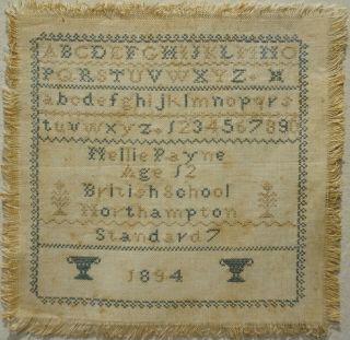 Small Late 19th Century School Alphabet & Motif Sampler By Nellie Payne - 1894