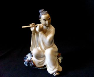 Vintage Shiwan 4.  2 " Chinese Pottery Figurine Mudman / Mud Man Playing A Flute