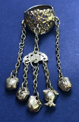 RARE VINTAGE ANTIQUE CHINESE SILVER ADJUSTABLE LOTUS RING WITH CHAIN CHARMS 3