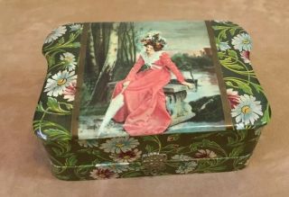 Antique Victorian Celluloid Dresser Vanity Box,  Flowers,  Lady With Umbrella