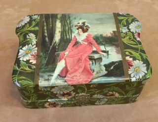 Antique Victorian Celluloid Dresser Vanity Box,  Flowers,  Lady With Umbrella 2