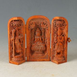 Chinese Boxwood Handwork Carved Kwan - Yin Three Open Box Cc0940