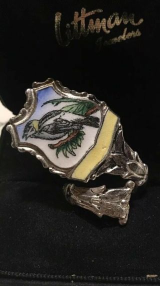Rare Vintage Sterling Silver Hand Painted Bird Spoon Ring - Signed - Size 8
