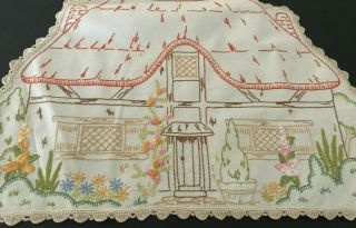 Vintage Hand Embroidered - Charming Thatch Cottage & Flower Garden Centrepiece