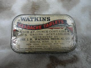 Vintage Antique Watkins Headache Tablets Tin Container 1940 