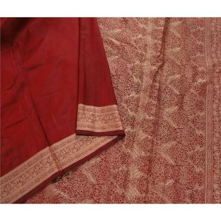 Sanskriti Vintage Dark Red Saree Pure Satin Silk Woven Craft Decor Fabric Sari
