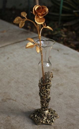 Rare Antique Matson Signed Fluted Glass Vase & Stand W/ Gold Gilt Flower Rose