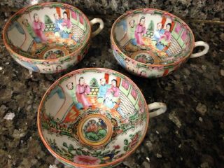 3 Early To Mid 20th Century Antique Vintage Chinese Canton Rose Medallion Cups
