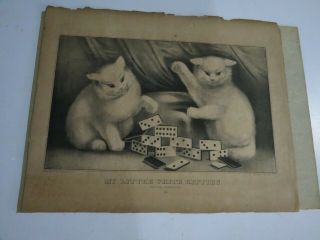 Antique Currier & Ives My Three White Kittens Playing Dominoes Lithograph