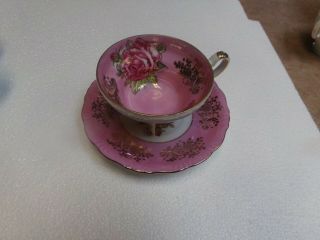 Royal Halsey 3 Footed Tea Cup & Saucer China Pink W/ Pink Roses Gold Lusterware