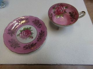 Royal Halsey 3 Footed Tea Cup & Saucer China Pink w/ Pink Roses Gold Lusterware 3