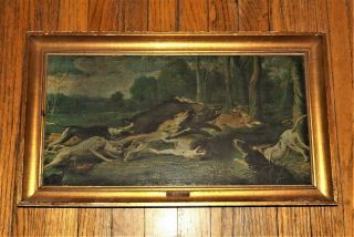 Antique F Snyders Hunting Dogs Attacking Wild Boar Vtg Painting Print On Canvas