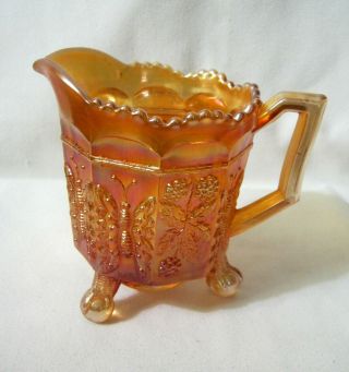 Antique Fenton Marigold Carnival Butterfly & Berry Handled 4.  75 " Cream Pitcher