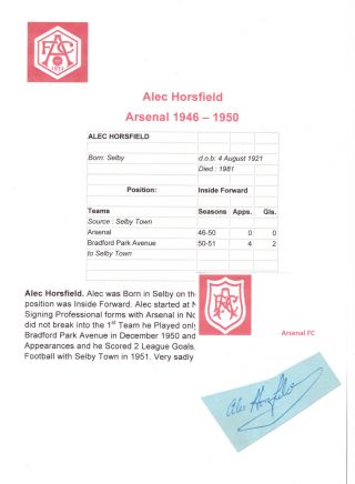 Alec Horsfield Arsenal 1946 - 1950 Very Rare Hand Signed Cutting/card