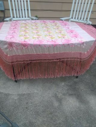 Antique Vtg Pink Roses Silk Hand Embroidered Piano Shawl Tablecloth Long Fringe