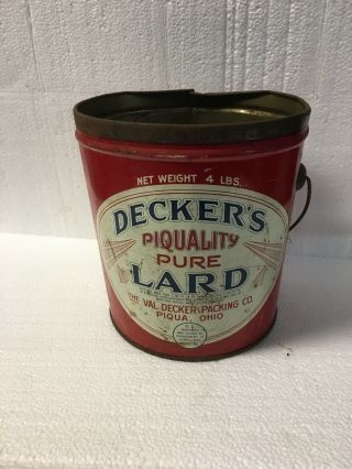 Deckers Quality Pure Lard 4 Pound Tin Bucket Old Rare