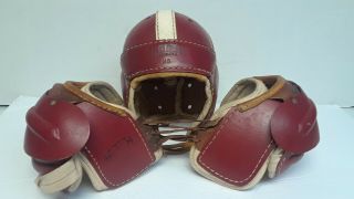 Vintage Hutch Youth Leather Football Gear - H - 8 Helmet And S - 18 Shoulder Pads