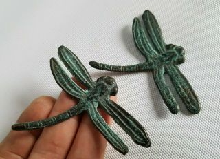 Rare Antique Vintage Pair Japanese Dragonfly Aged Bronze Chopstick Rests