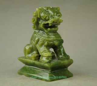 Chinese Natural Green Jade Fengshui Fu Foo Dog Lion Statue A01