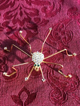 Vintage Rhinestone Gold Tone Spider Insect Wire Daddy Long Legs Green Eyes Rare