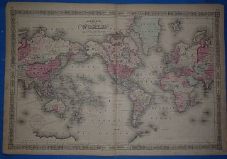 Vintage 1864 The World Atlas Map Old Antique Johnson 