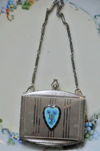Antique Art Deco Silver Blue Heart Guilloche Enamel Compact Dance Purse W/ Chain