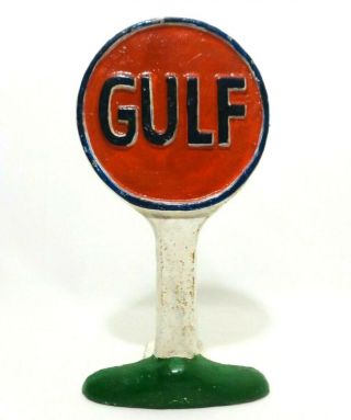 Rare Mid - 20th C Vint Painted Cast Iron Gulf Oil Advertising Sign Metal Doorstop